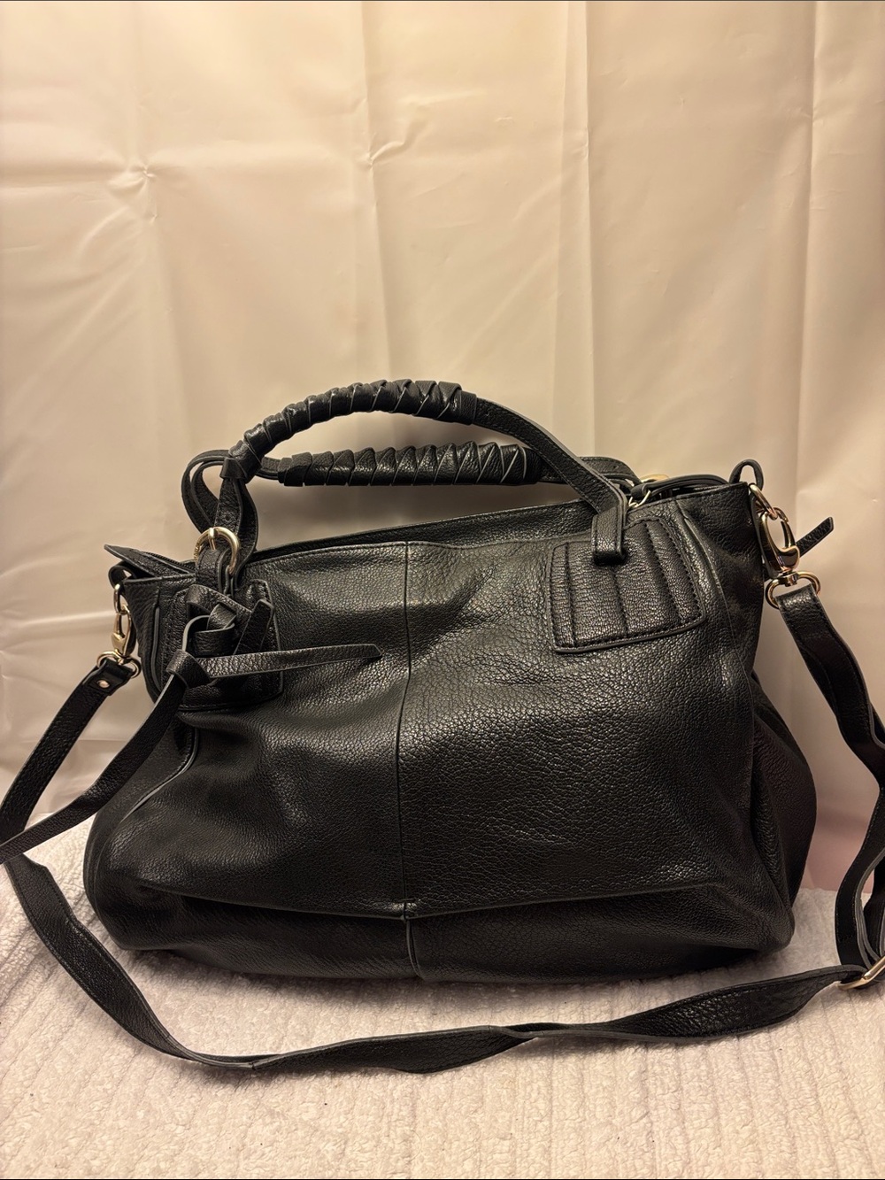 Luana black  Leather Satchel Handbag with Braided Handles